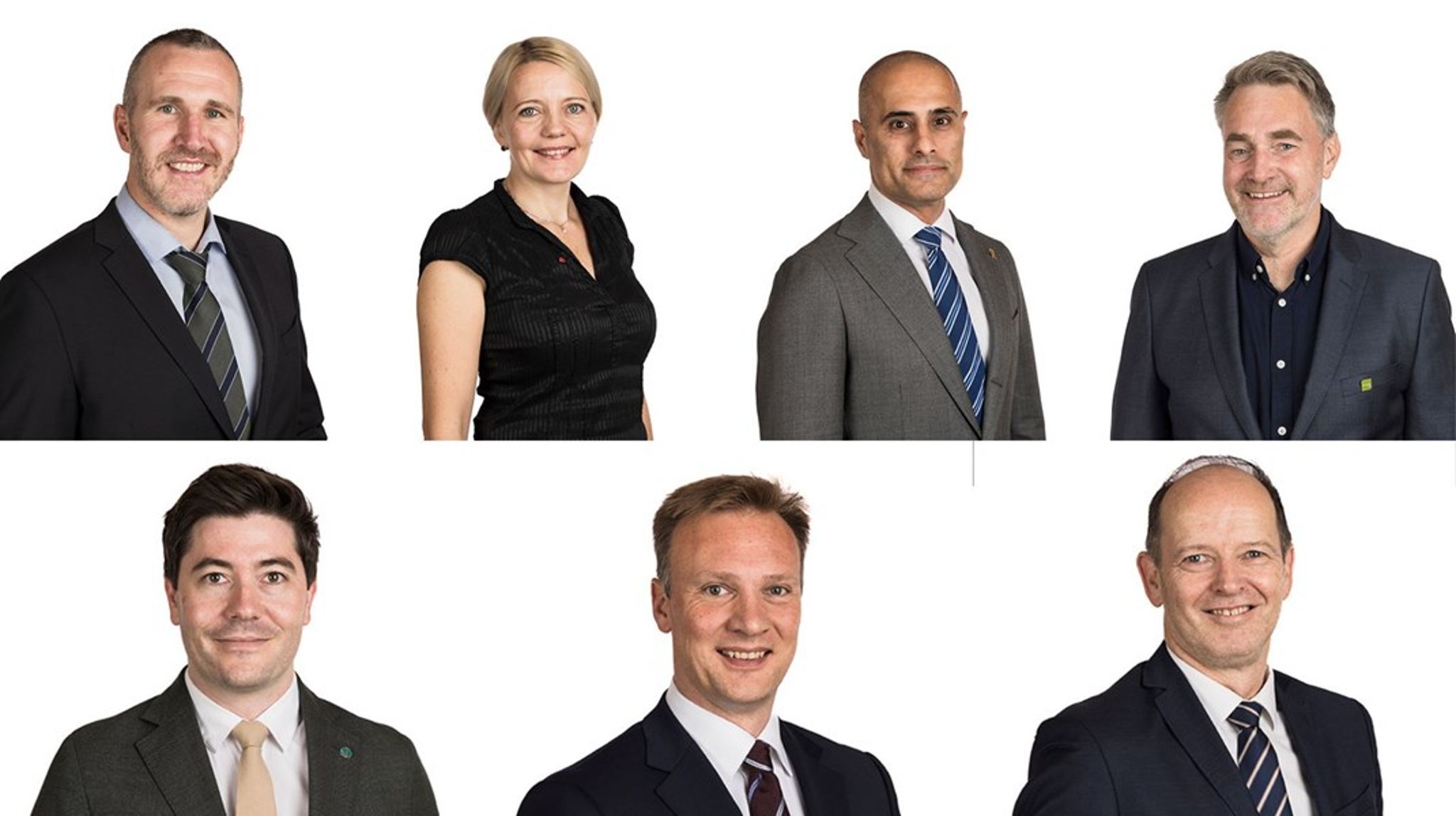 Solveig Vitanza er eneste kvinne av syv medlemmer i den nye teknologigruppen, men har til gjengjeld fått toppvervet. Øverst f.v.: Marius Arion Nilsen (Frp), Solveig Vitanza (Ap), Mahmoud Farahmand (H), Marius Dalin (MDG). Nederst f.v.: Grunde Almeland (V), Bård Ludvig Thorheim (H), Harry Valderhaug (Krf).