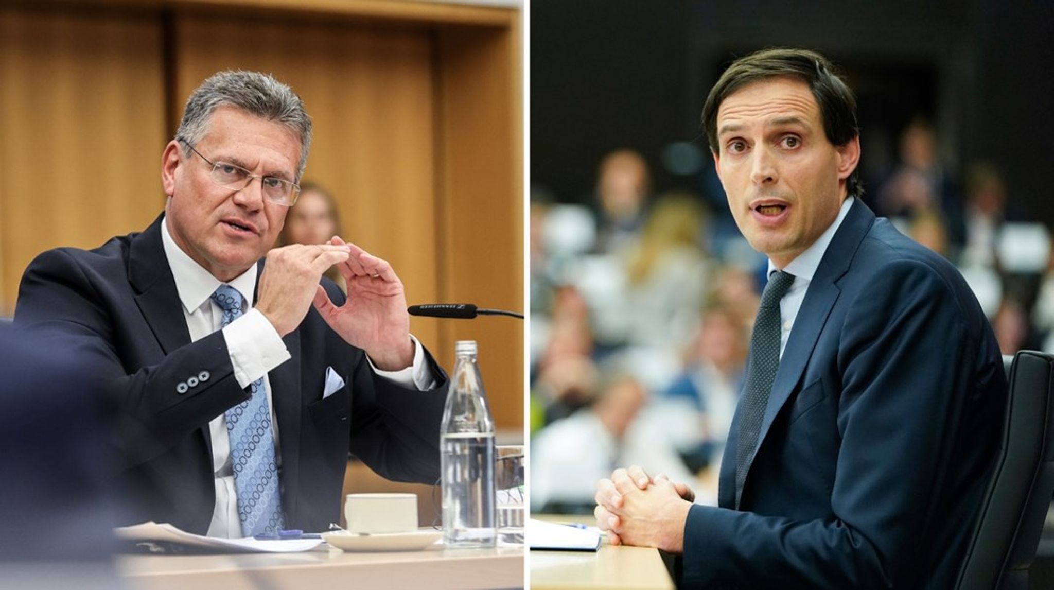 Maroš Šefčovic (til venstre) og Wopke Hoekstra (til høyre) under tirsdagens høringer.&nbsp;Šefčovic&nbsp;er nå godkjent som visepresident i EU-kommisjonen med ansvar for gjennomføringen av EUs Green Deal. Hoekstra er godkjent som EUs nye klimakommissær.