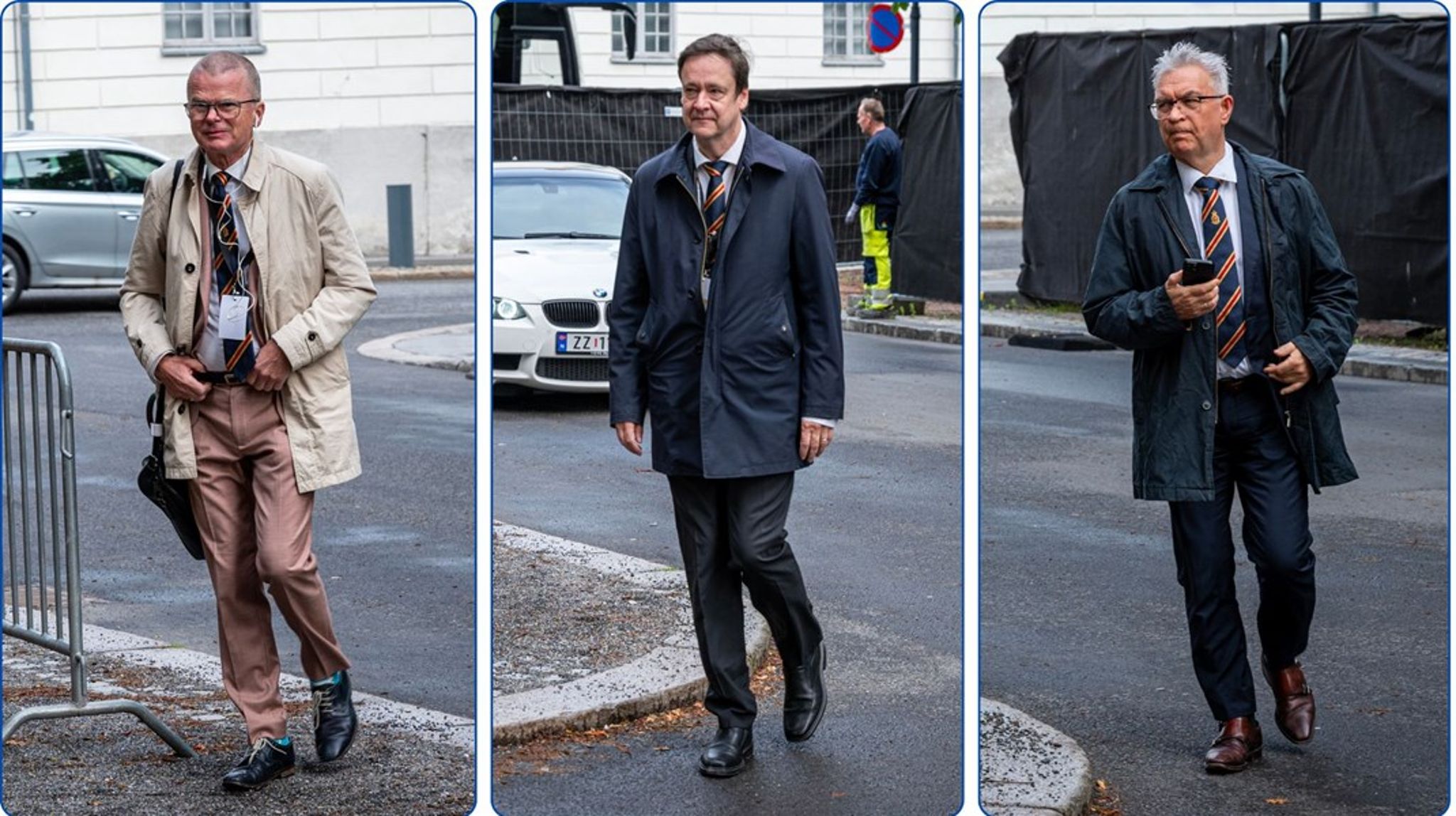 Dagbladet-redaktør Lars Helle, stjerneadvokat John Christian
Elden og Venstre-politiker André N. Skjelstad ankom Gamle Logen i Oslo med
sjefskursets eksklusive slips.