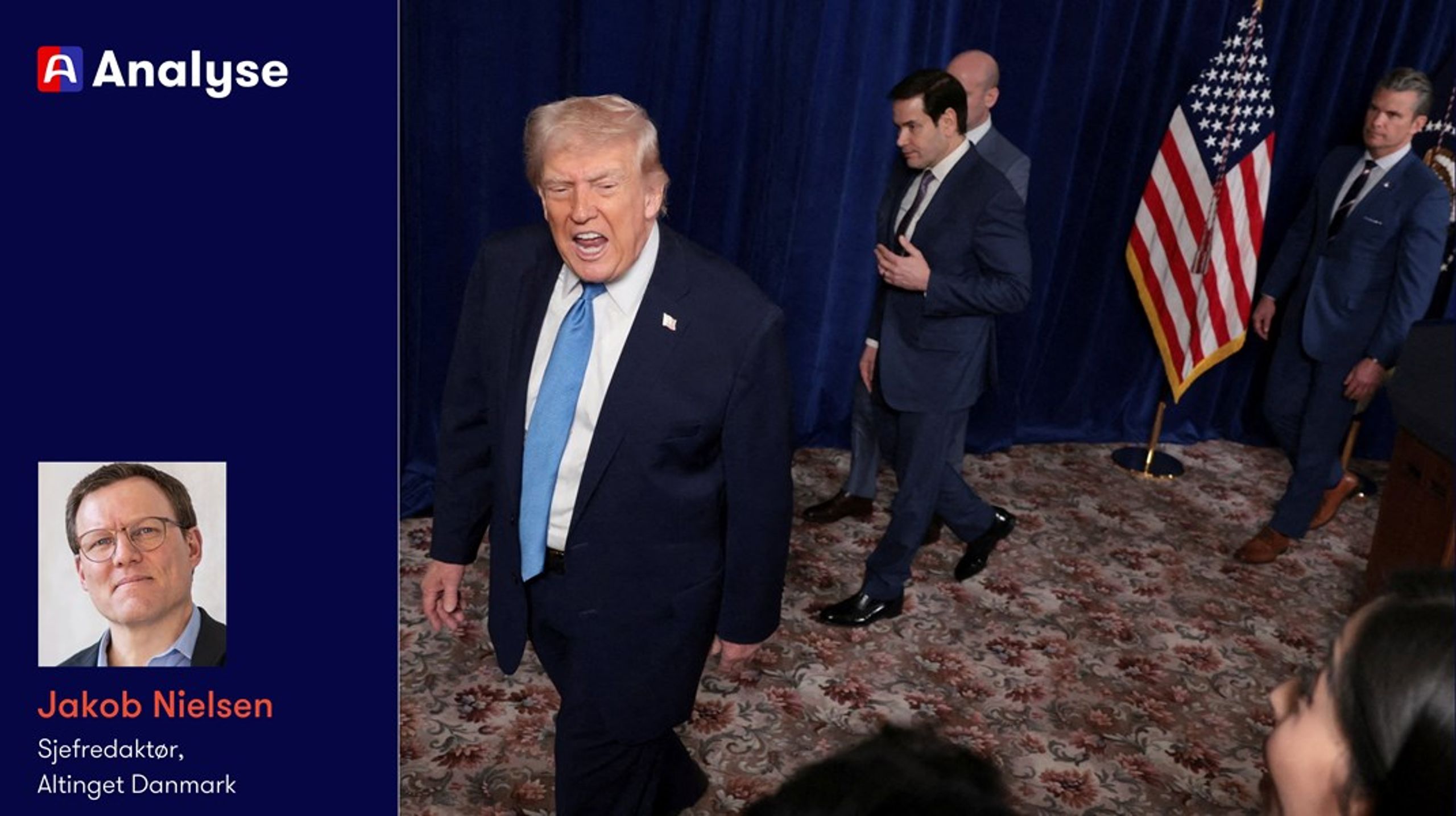 På en pressekonferanse lørdag ble president Donald Trump flankert av utenriksminister Marco Rubio på venstre side og forsvarsminister Pete Hegsethh på høyre. Også Trump-rådgiver Stephen Miller deltok, hvis kone senere skrev på sosiale medier at Grønland «SNART» vil bli amerikansk.