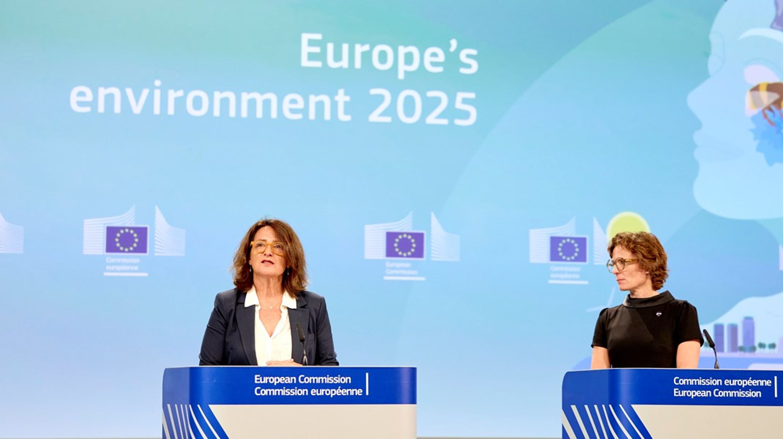 Visepresident Teresa Ribera (t.v.) og miljøkommissær Jessika Roswall (t.h.) har i løpet av det siste året vært uenige om retningen for EUs grønne politikk.