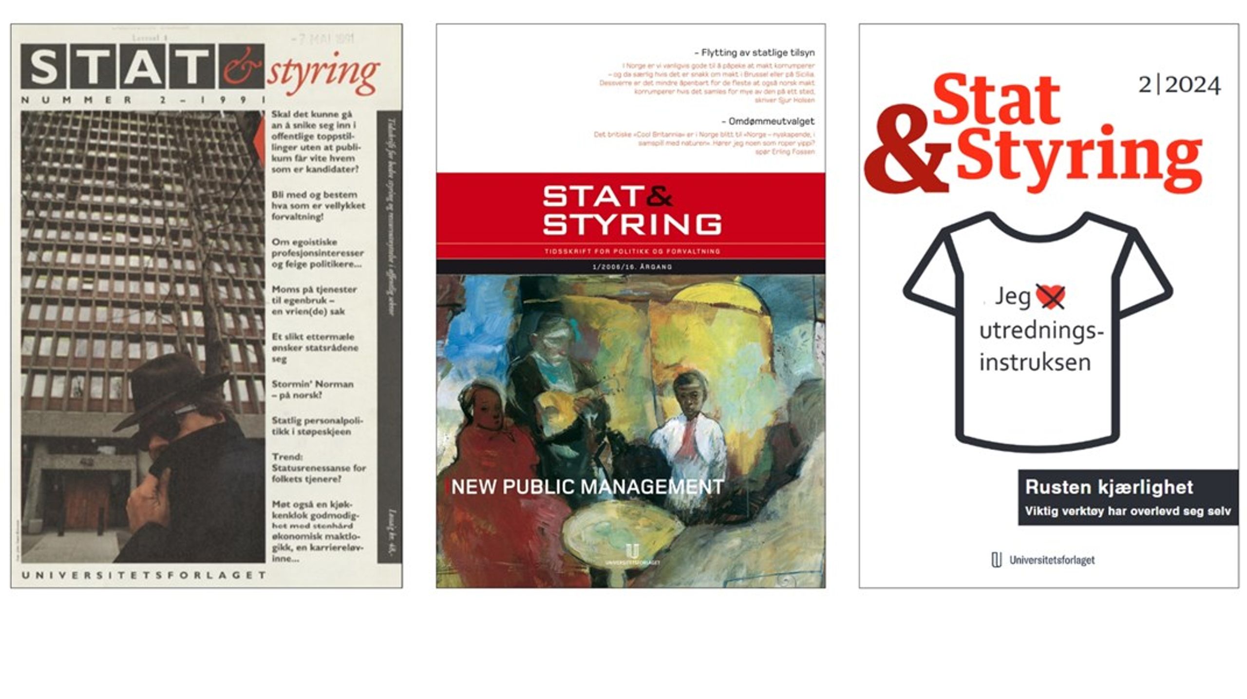 Forsiden av Stat &amp; Styring i 1991, 2006 og 2024.