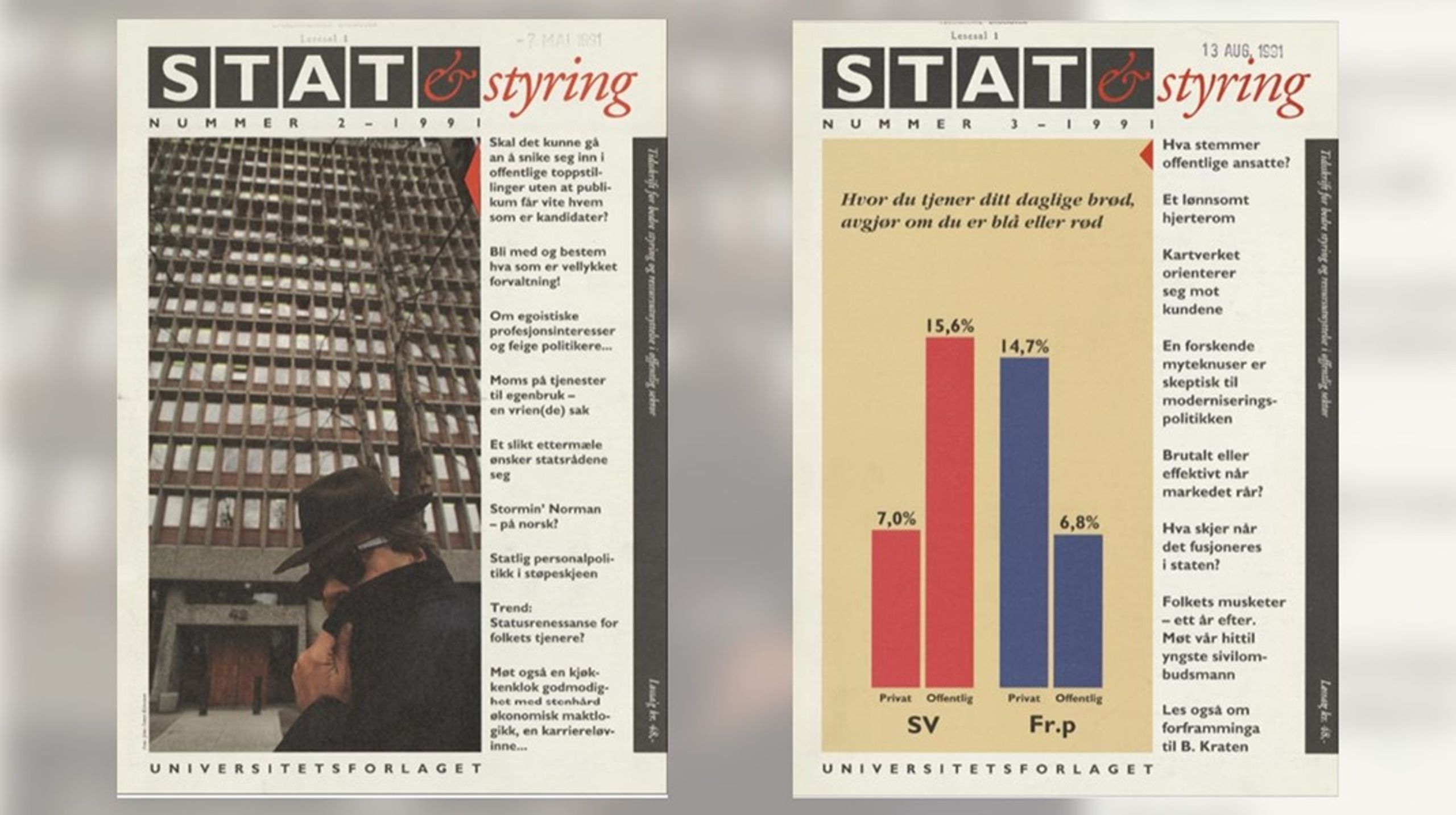 To utgaver fra første årgang av Stat &amp; Styring i 1991.&nbsp;&nbsp;