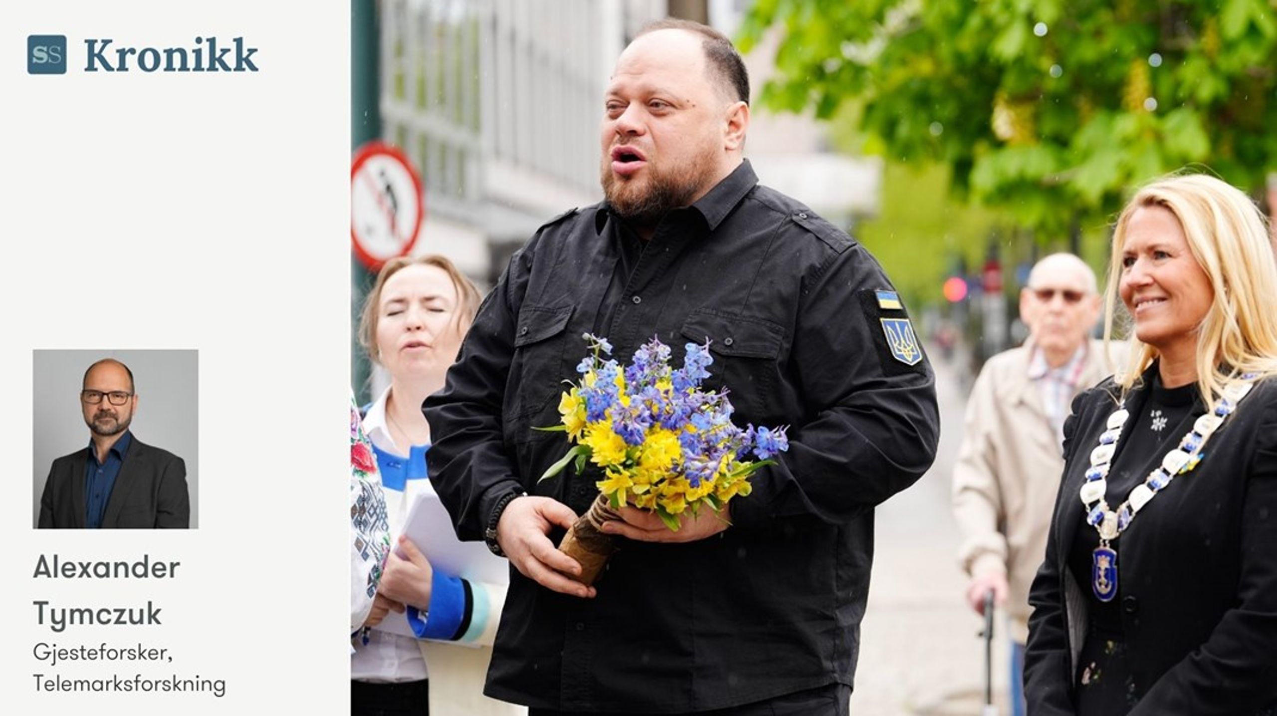 Norske kommuner er aktive deltakere i internasjonalt samarbeid, men det reflekteres ikke deres eget planverk, skriver artikkelforfatteren. Her er Ukrainas parlamentsformann Ruslan Stefantsjuk i møte med Drammens ordfører Monica Myrvold Berg utenfor Drammen rådhus.
