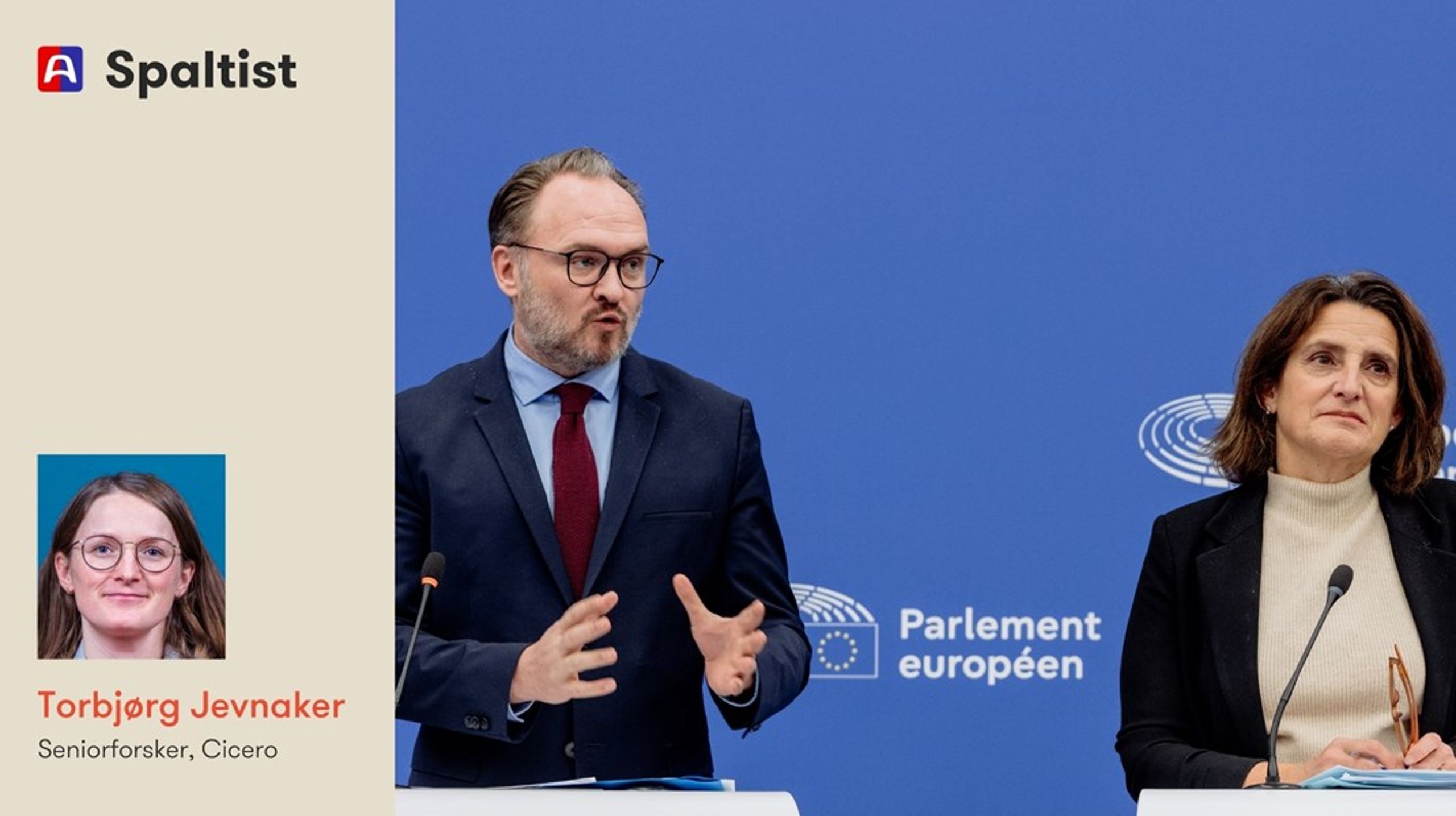 Et fossilbasert energisystem gjør Europa utsatt for prissjokk som dagens situasjon illustrerer, skriver spaltist Torbjørg Jevnaker. Europa er representert ved EUs energikommissær Dan Jørgensen og EUs kommissær for den grønne omstillingen Teresa Ribera.