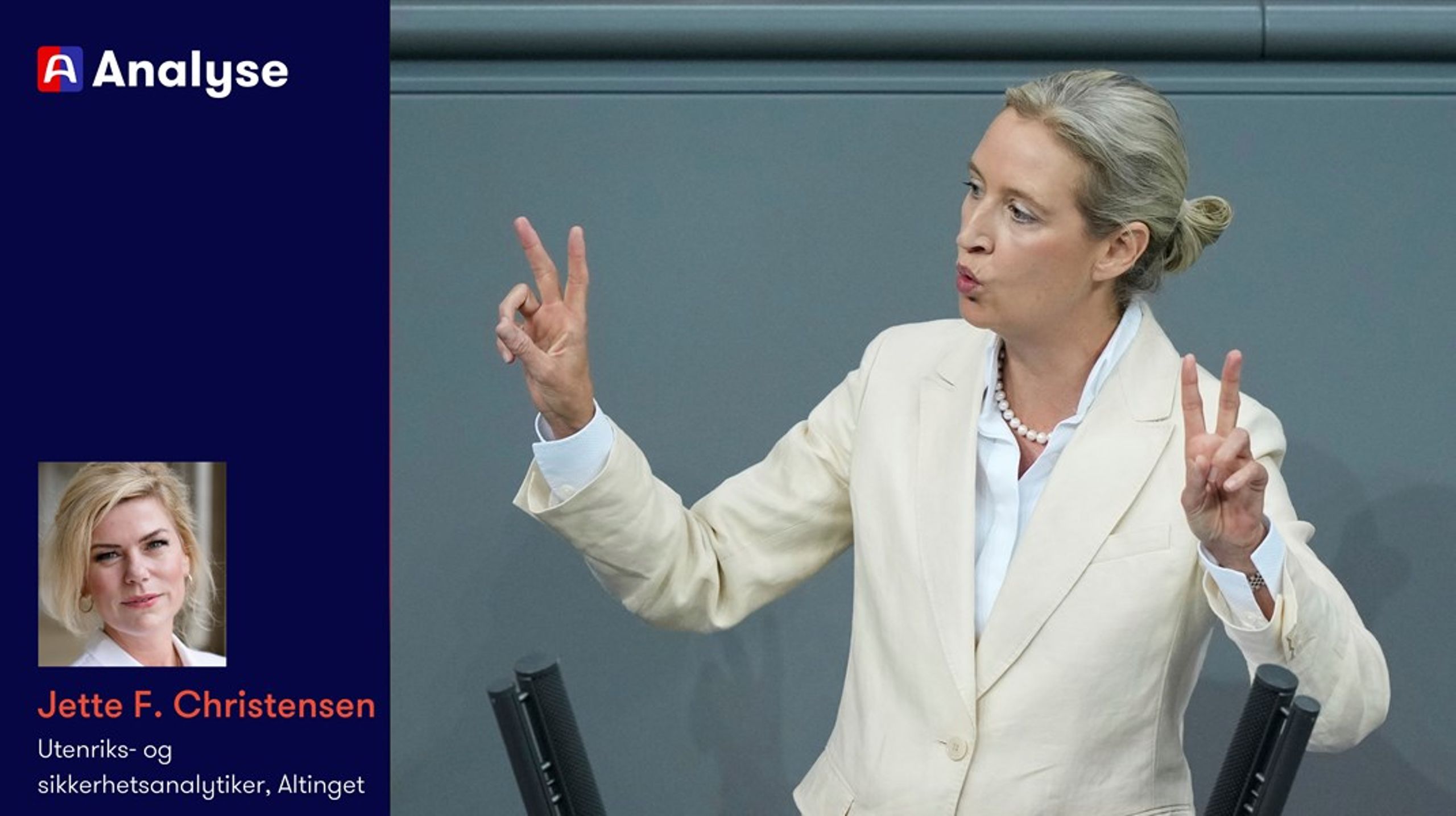 I både Tyskland og Frankrike styrker partier som Alternative für Deutschland (AfD) og Rassemblement National (RN) seg ved å koble økonomisk uro til innvandring, Brussel og støtte til Ukraina. På bildet er Alice Weidel, partileder for AfD.&nbsp;