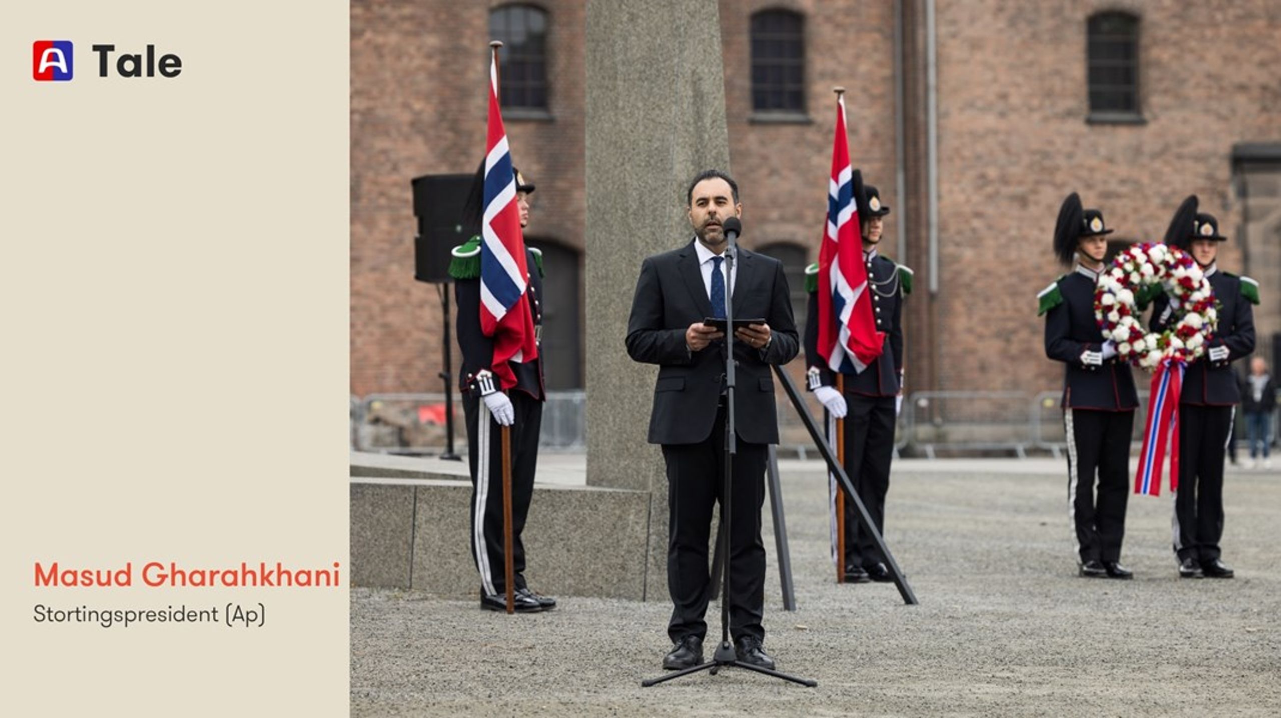 Jeg vil oppfordre alle, uansett bakgrunn, rolle og posisjon, til å bruke året til å styrke sin egen demokratiske ryggmargsrefleks, sier stortingspresidenten i sin 8. mai-tale ved Akershus festning.