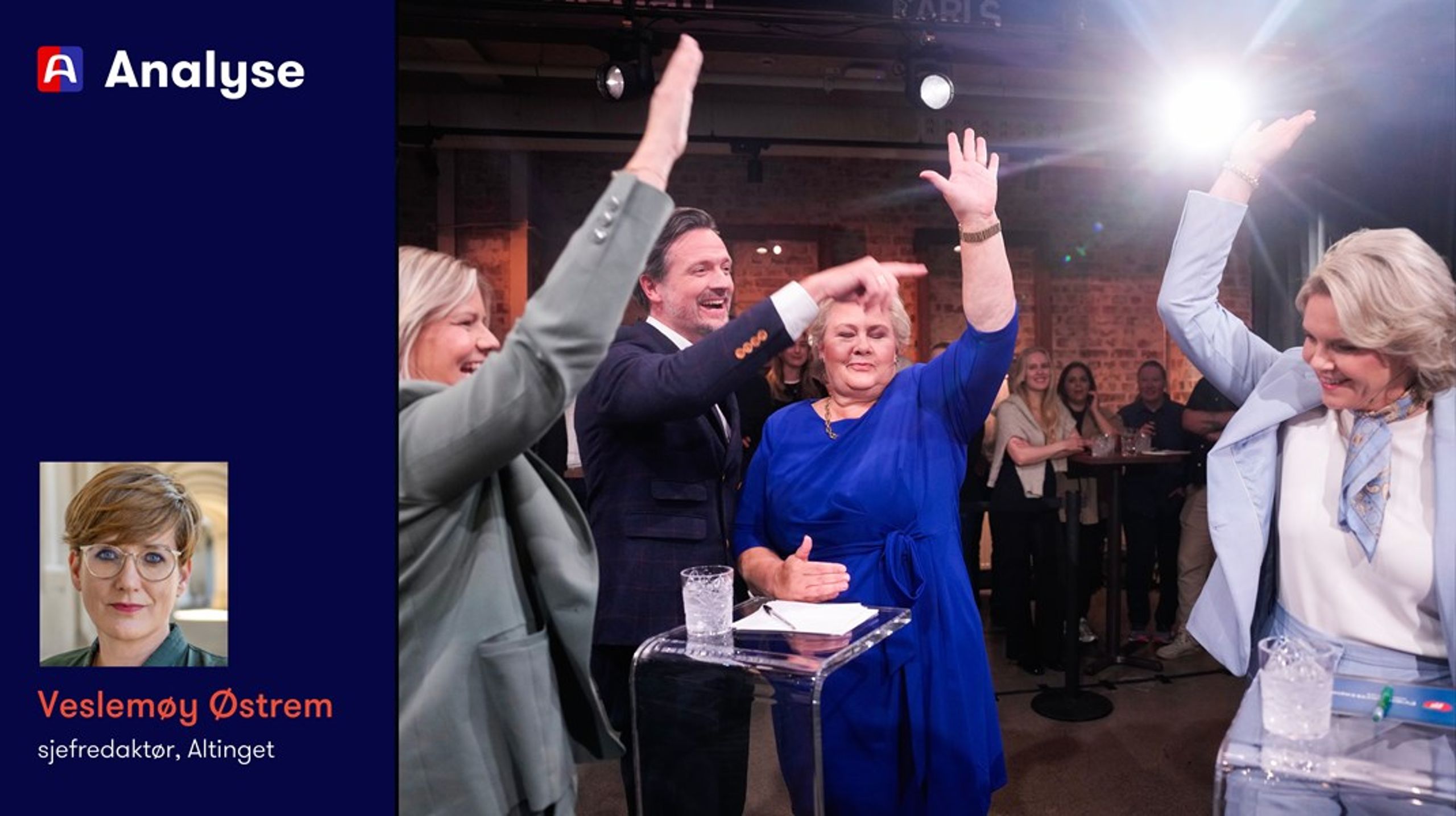 De fire borgerlige partilederne i et sjelden harmonisk øyeblikk før partilederdebatten søndag kveld.&nbsp;