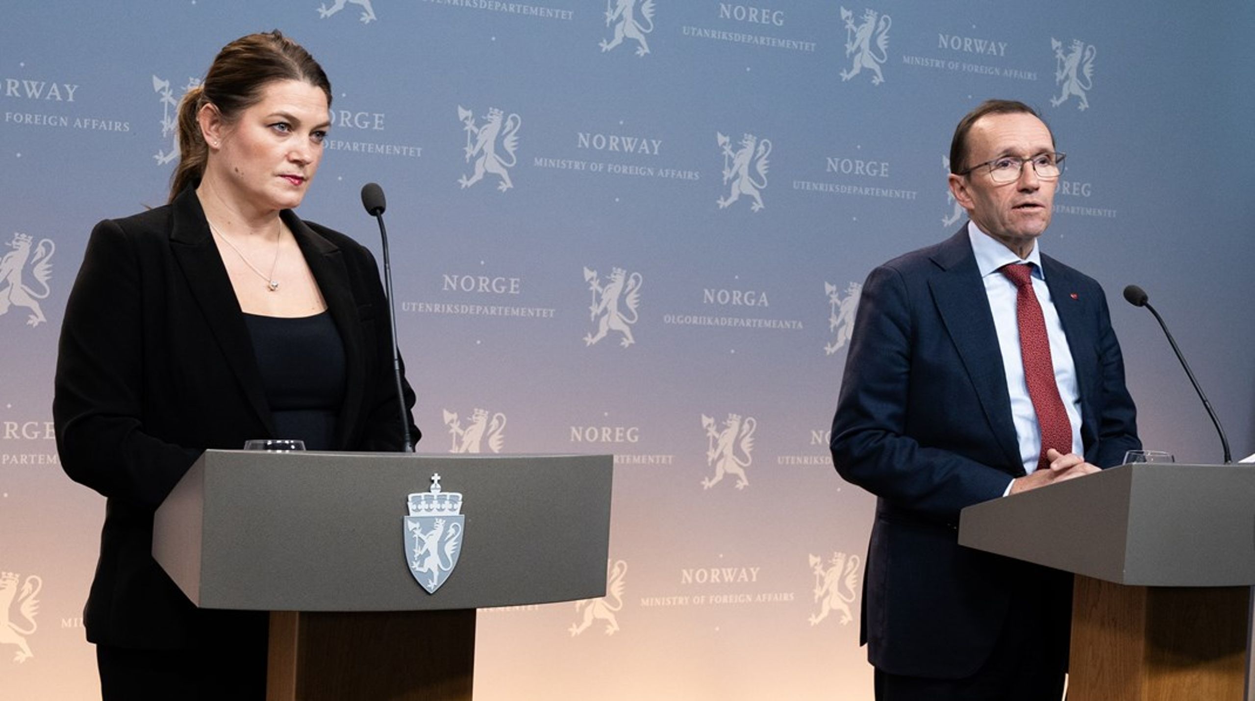 Utenriksminister Espen Barth Eide og næringsminister Cecilie Myrseth møtte tirsdag pressen for å orientere om de nye tolltiltakene som Norge rammes av,