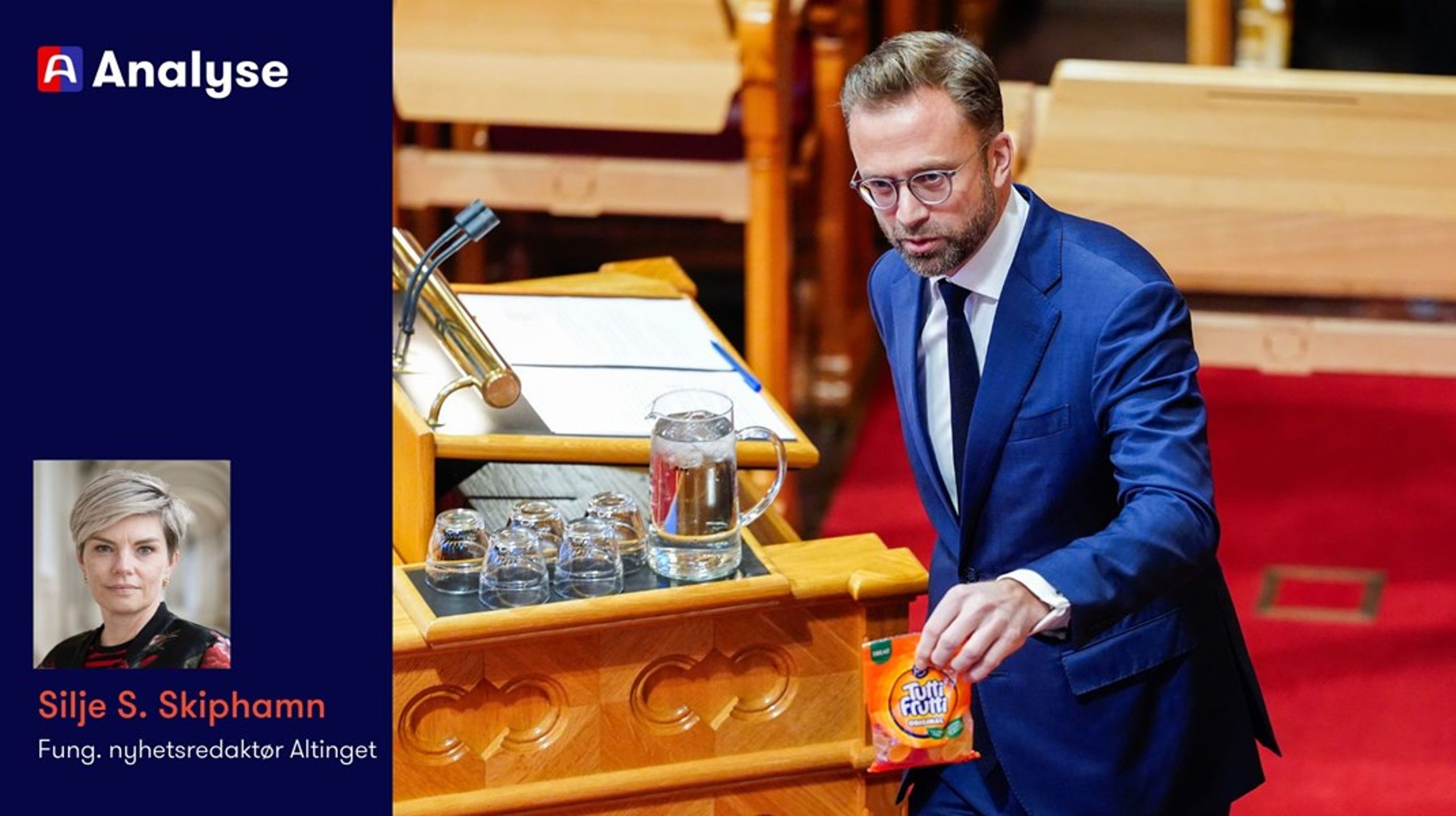 Nikolai Astrup hadde med tutti frutti-godteri i gave til statsministeren.&nbsp;– Noe å kose seg med en sen nattetime, sa han.