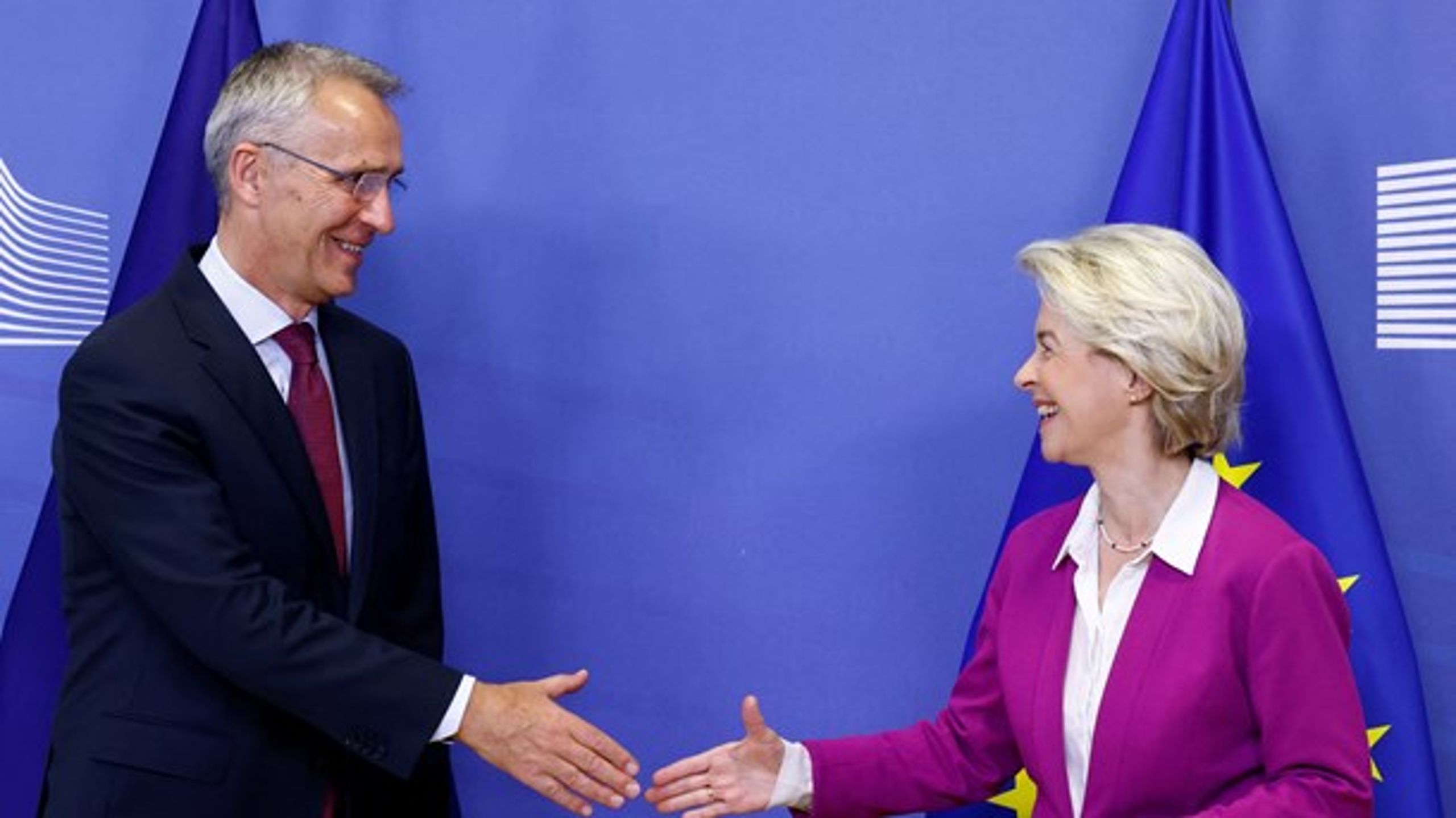 Nato og EU søker tettere sammen&nbsp;mot felles fiende i Ukraina-krigen. Her er partene representert ved Natos generalsekretær Jens Stoltenberg og EU-kommisjonens president Ursula von der Leyen.