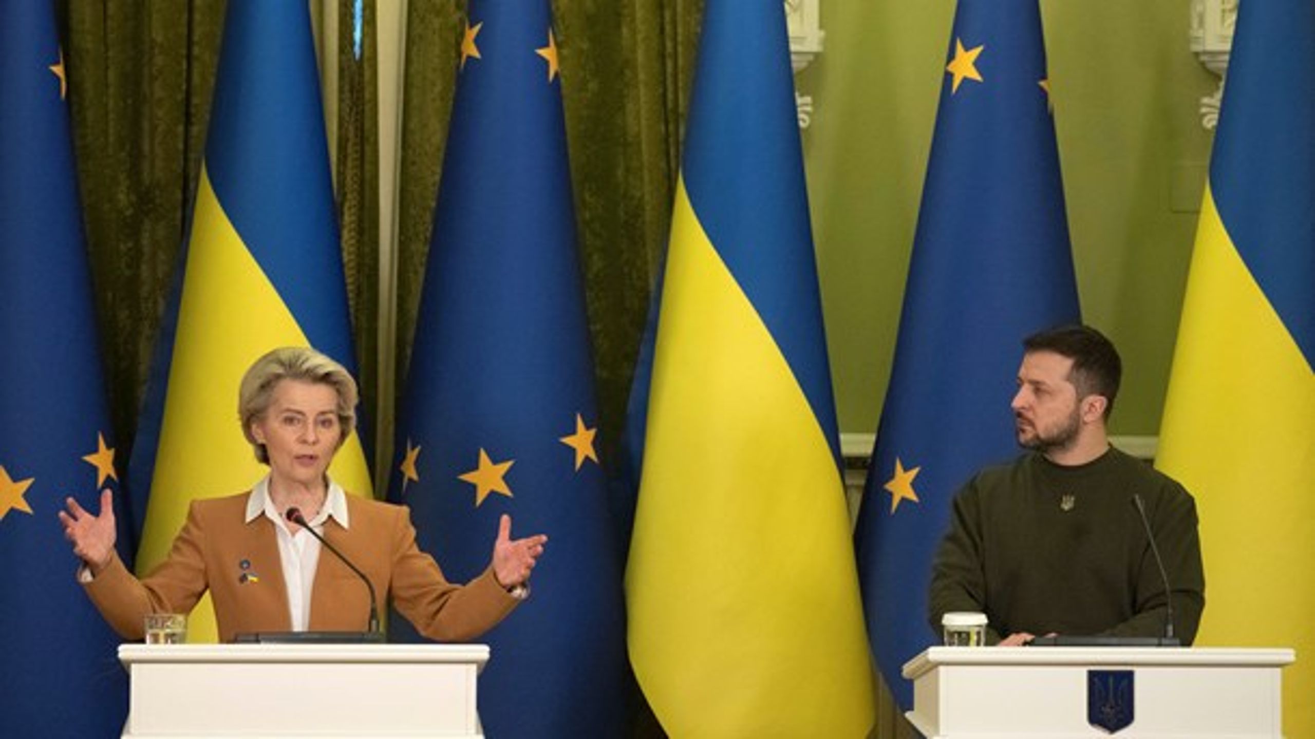 Ettt år med krig i Europa vil&nbsp;få konsekvenser langt inn i fremtiden. Her er EU-kommisjonens president Ursula von der Leyen avbildet i møte med Ukrainas president&nbsp;Volodymyr Zelenskyj.
