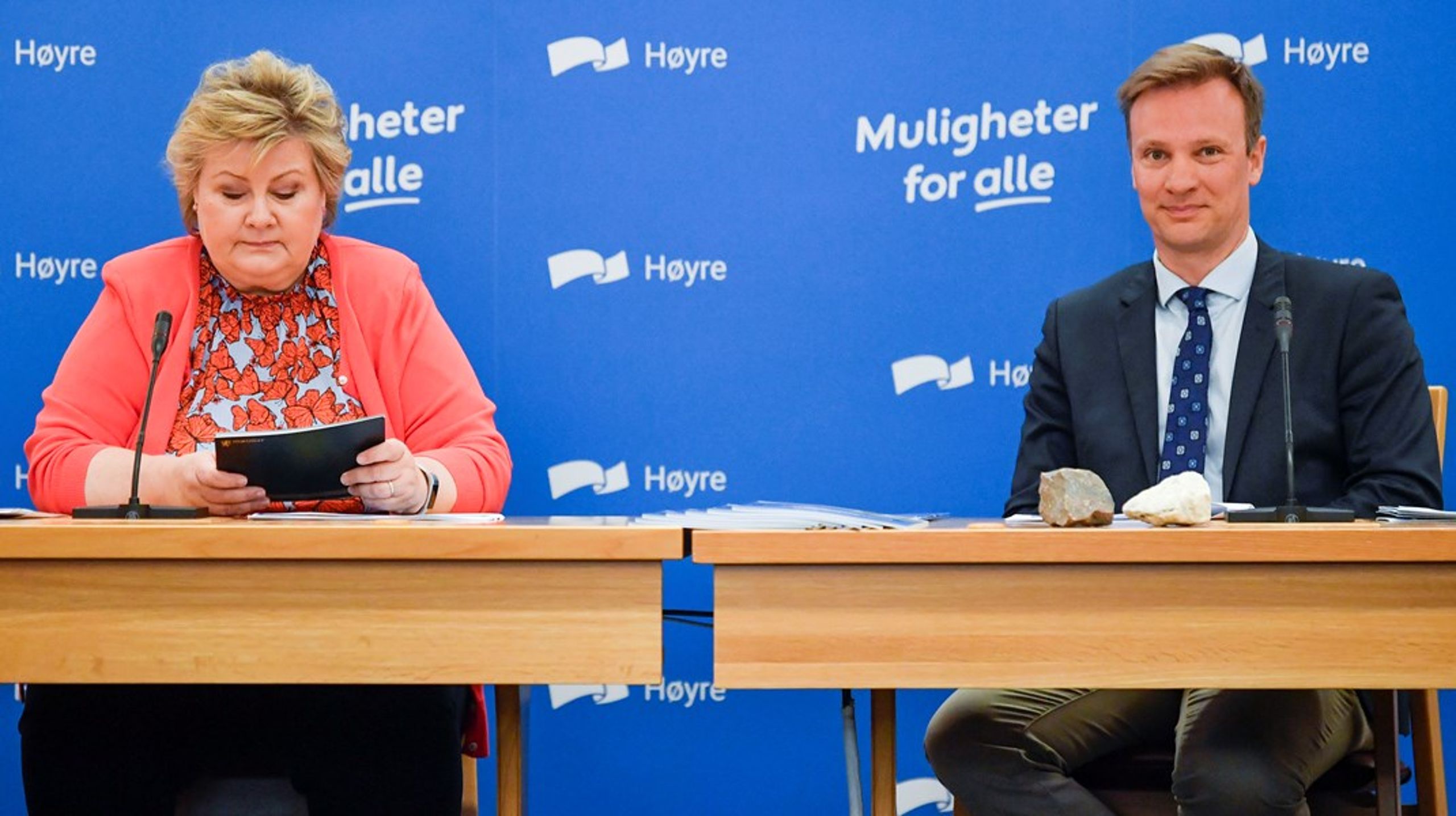 Partileder Erna Solberg og stortingsrepresentant Bård Ludvig Thorheim presenterte tirsdag Høyres nye mineralstrategi.