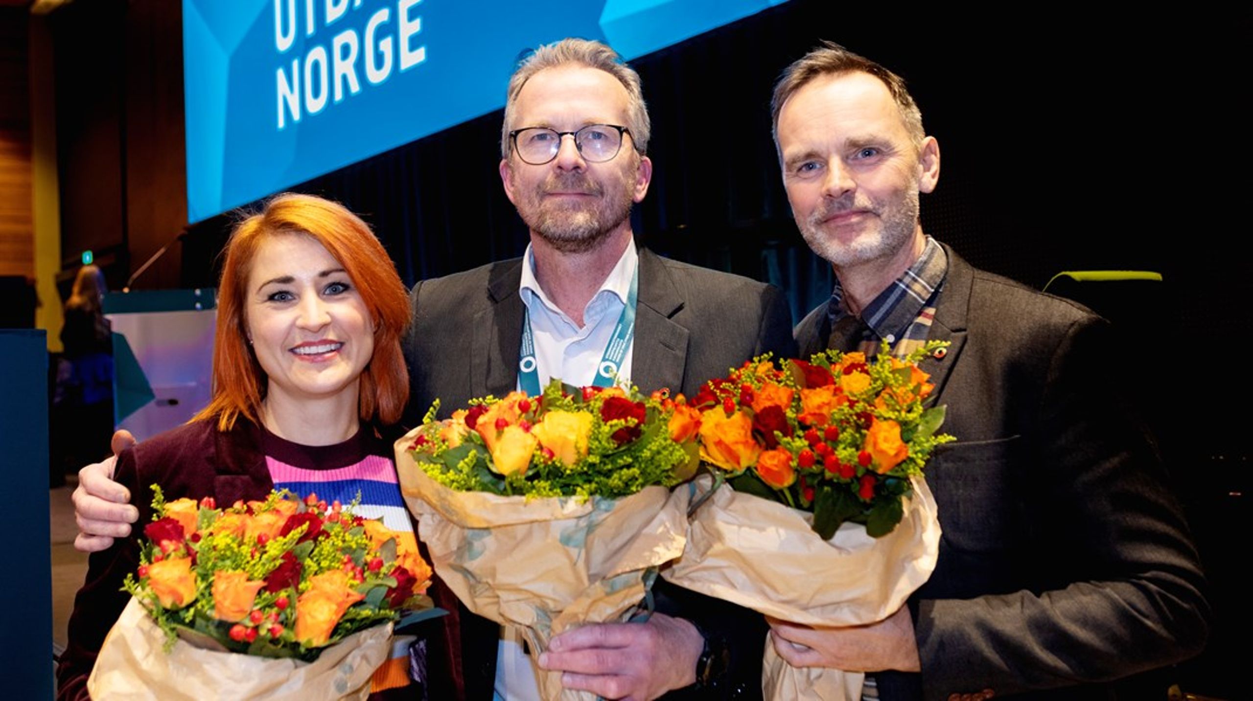 Den nyvalgte ledelsen i Utdanningsforbundet. Fra venstre: 1. nestleder&nbsp;Ann Mari Milo Lorentzen, leder Geir Røsvoll og 2. nestleder&nbsp;Thom Jambak.