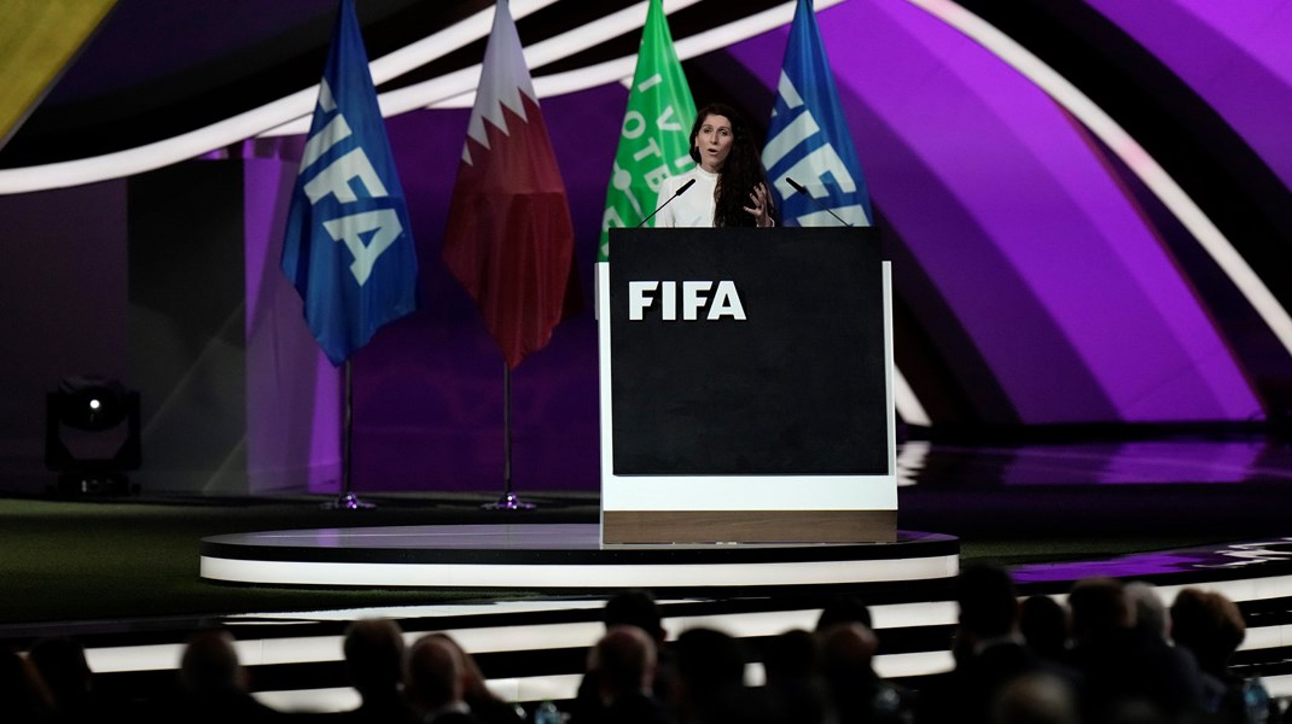 Fotballpresident Lise Klaveness fikk mye oppmerksomhet for sin tordentale på FIFAs kongress i Qatar 31. mars 2022.