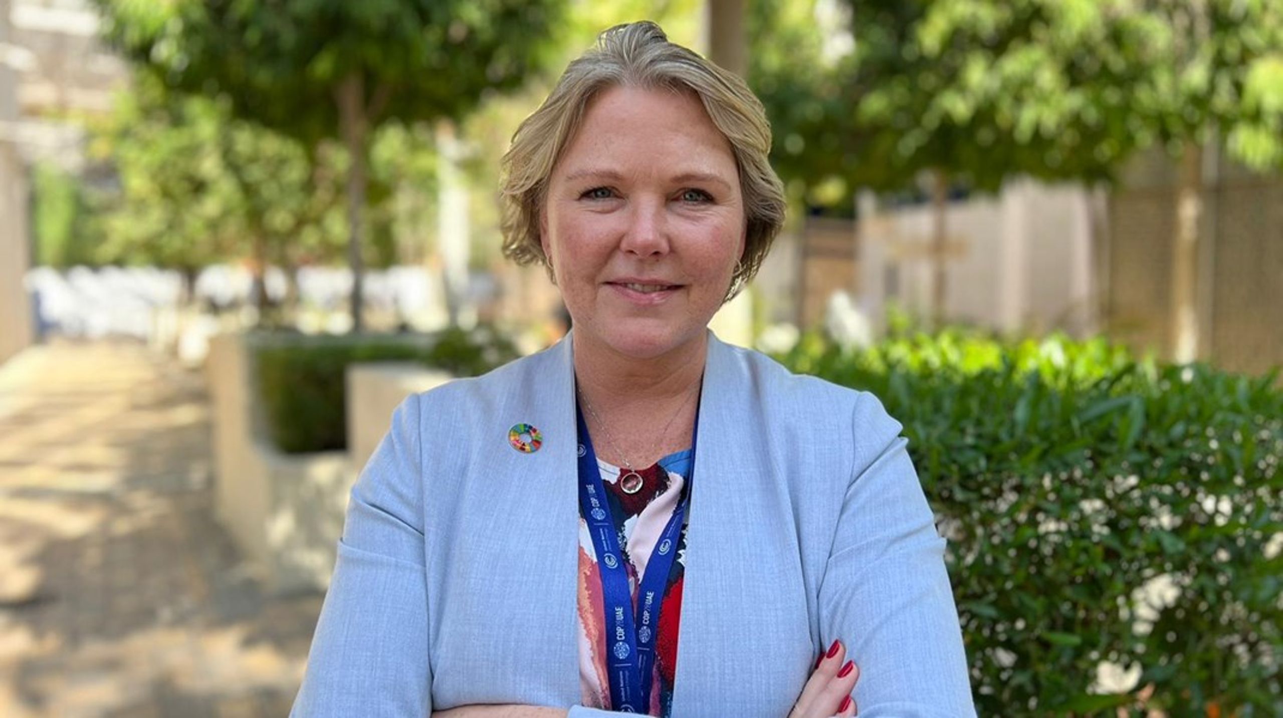 Utviklingsminister Anne Beathe Tvinnereim (Sp) på COP28 i Dubai.