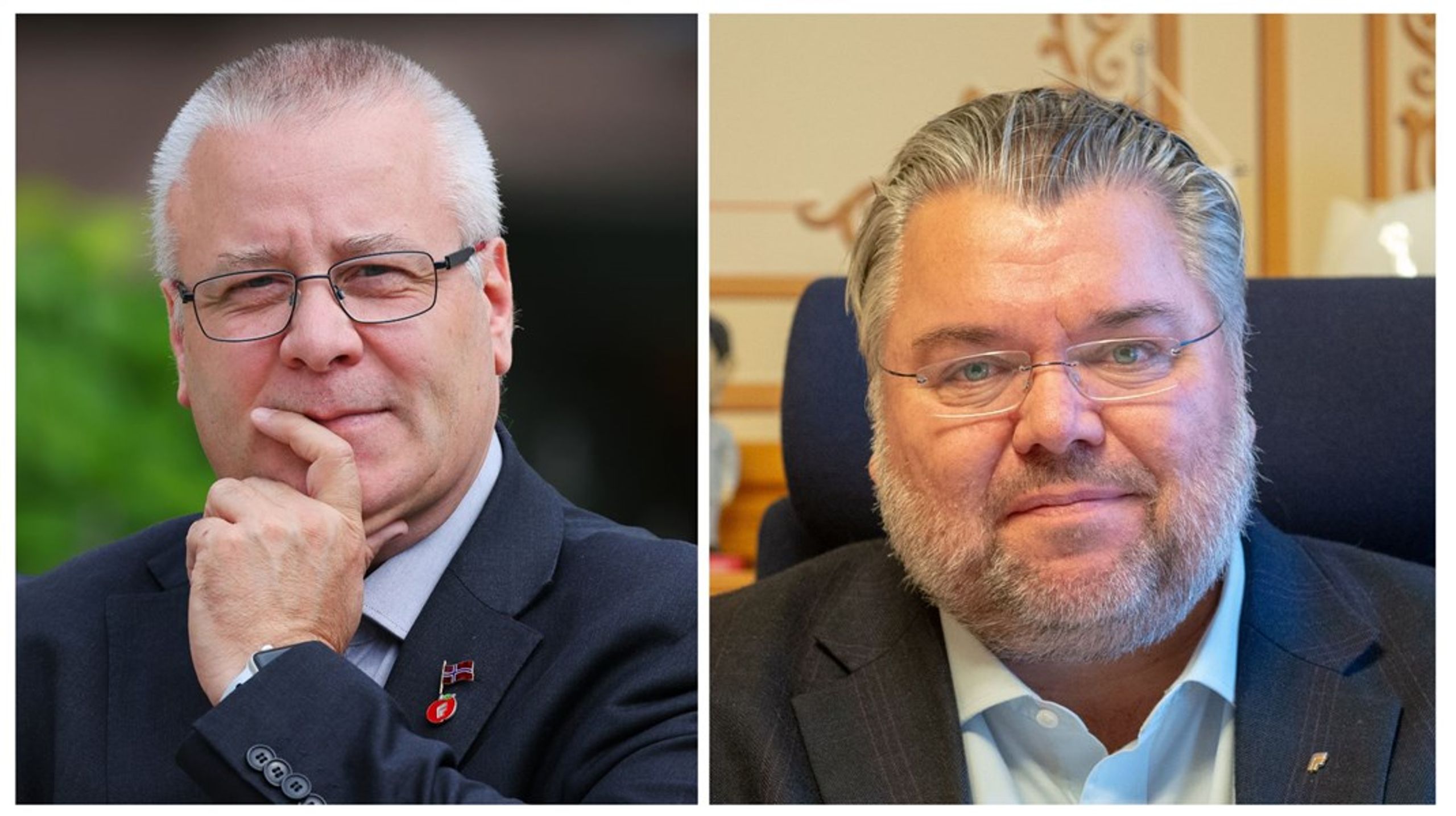 Frps stortingsrepresentanter Bård Hoksrud (t.v.) og Morten Wold er svært overrasket at det er Høyre som ser ut til å sikre flertall for regjeringens forslag til endringer i smittevernloven.