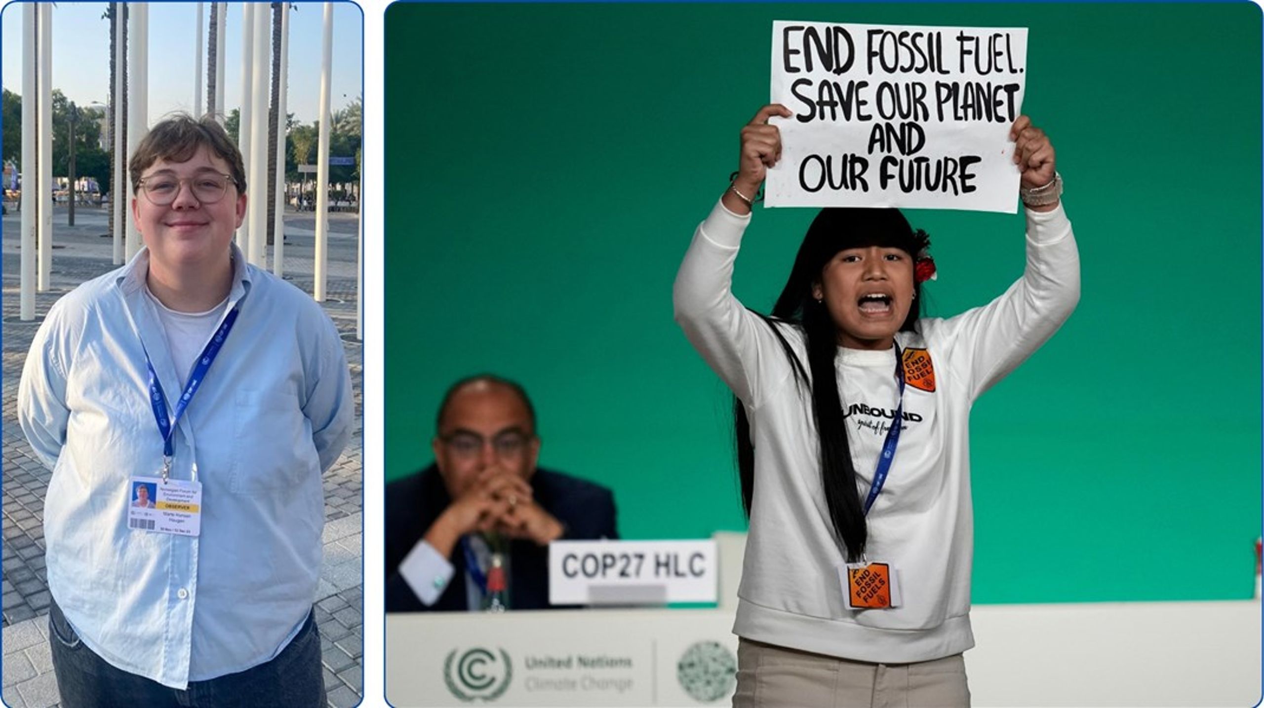Changemaker-leder Marte Hansen Haugan har deltatt på klimatoppmøtet i Dubai som representant fra sivilsamfunnet, og deler sine tanker rundt møtet. Til høyre er protesterer den indiske klimaaktivisten&nbsp;Licypriya Kangujam mot fossil energi under et plenumsmøte på COP28.