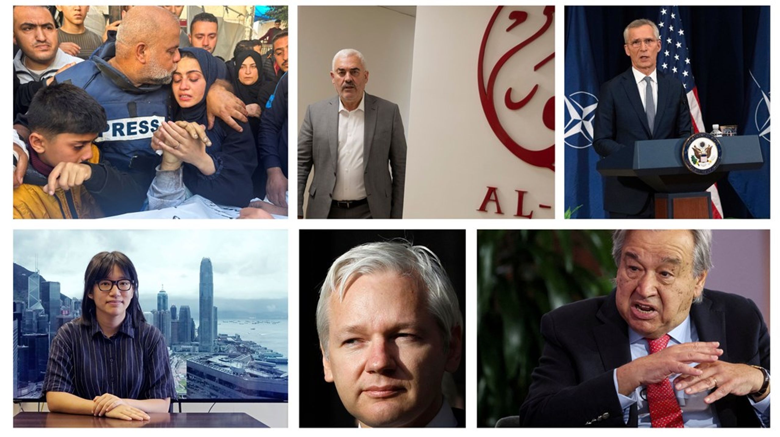 Her er noen av de nominerte til årets fredspris – foreslått av Stortingsrepresentanter fra ulike partier. Øverst fra v: Den palestinske journalisten Wael Al Dahdouh, den palestinske organisasjonen Al Haq, Natos generalsekretær Jens Stoltenberg, Hong Kong-aktivisten Chow Hang-tung, Julian Assange og FNs generalsekretær Antonio Gutteres.&nbsp;
